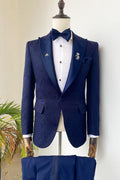 Chic Dark Blue Jacquard Peaked Lapel Prom Men Suits