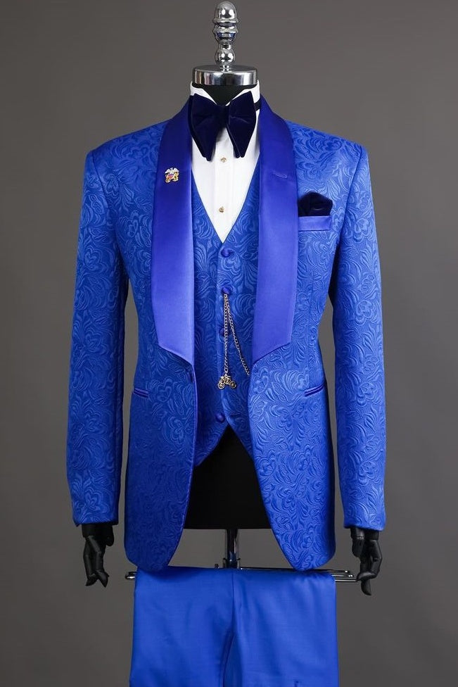 Chic Royal Blue Jacquard 3 Pieces Prom Men Suits