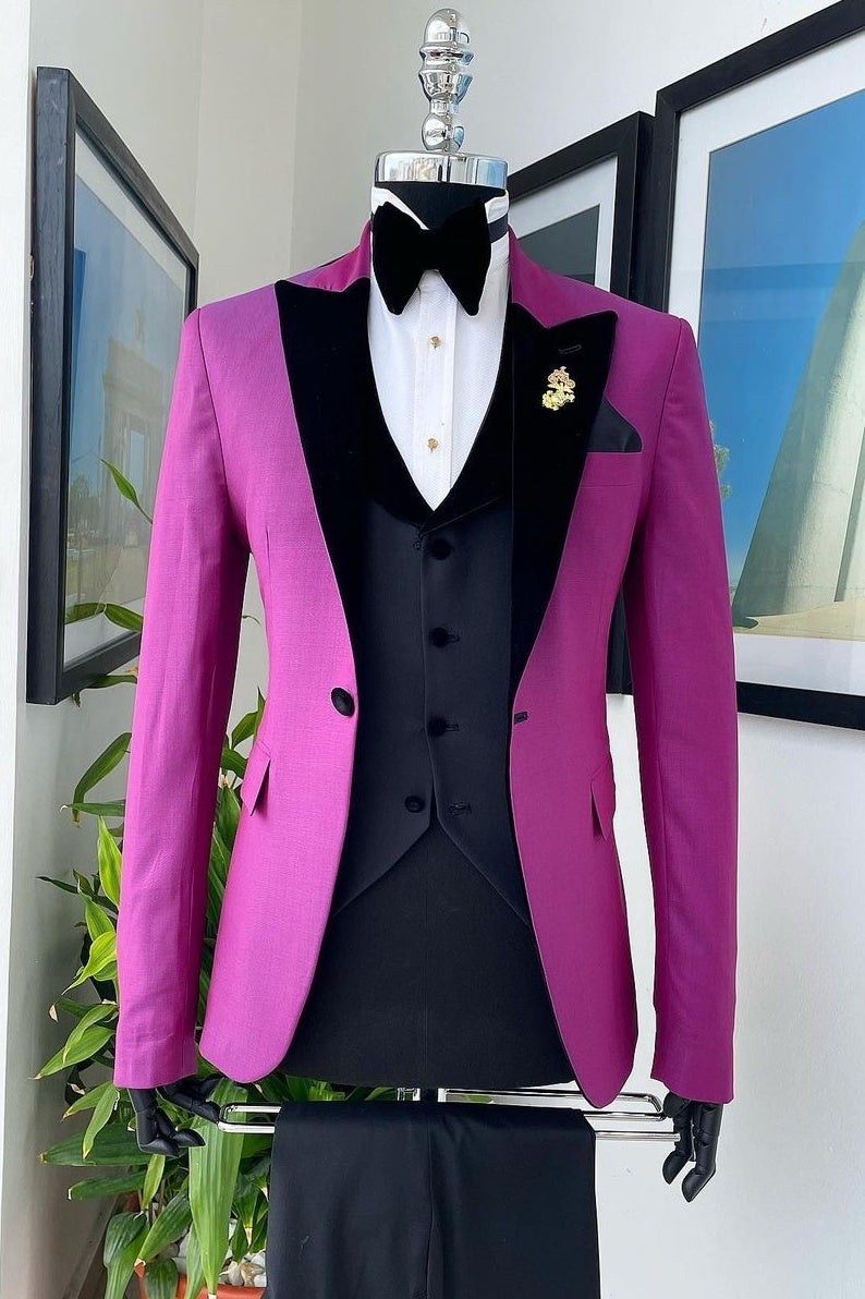 Charming 3 Piece Fuchsia Men's Suit with Black Velvet Lapel