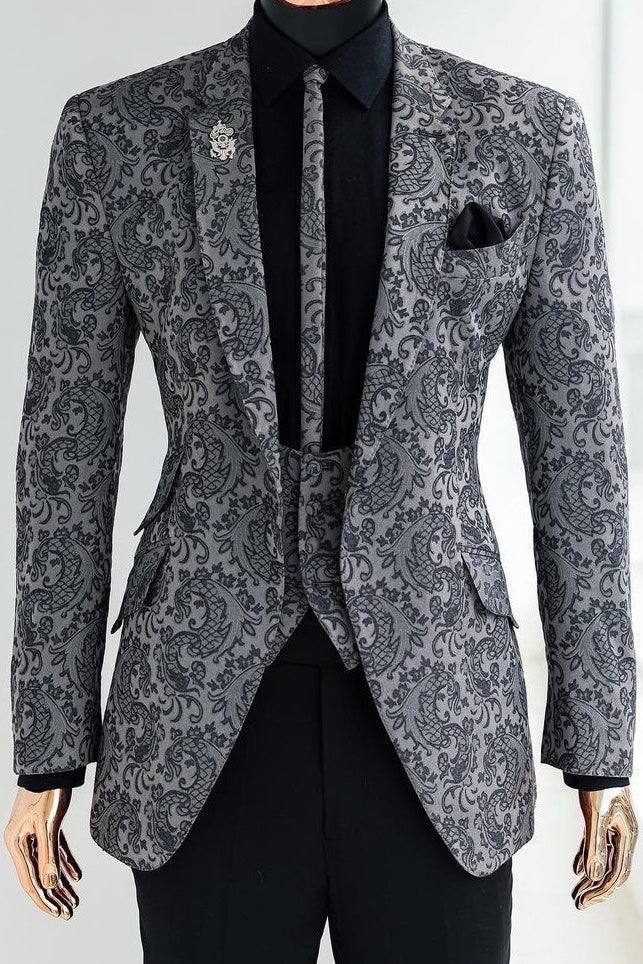 Fashion Dark Gray Jacquard 3 Piece Men’s Formal Suit with Black Pants