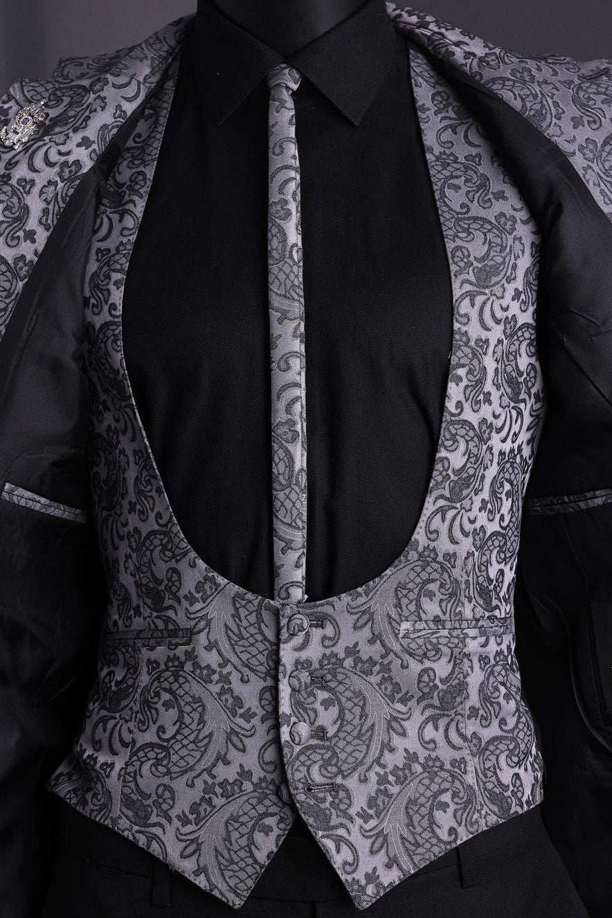 Fashion Dark Gray Jacquard 3 Piece Men’s Formal Suit with Black Pants