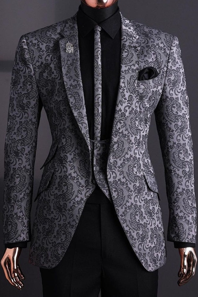 Fashion Dark Gray Jacquard 3 Piece Men’s Formal Suit with Black Pants