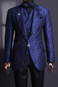 Trendy Dark Blue Jacquard 3 Pieces Notched Lapel Prom Men Suits