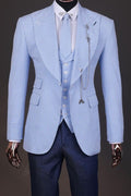 Fashion Sky Blue Small Plaid 3 Pieces Slim Fit Bespoke Men Suits